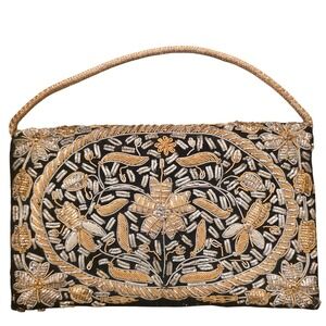 Vintage Embroidered Evening Bag Black Gold Floral‎ India Handmade Art Deco Glam